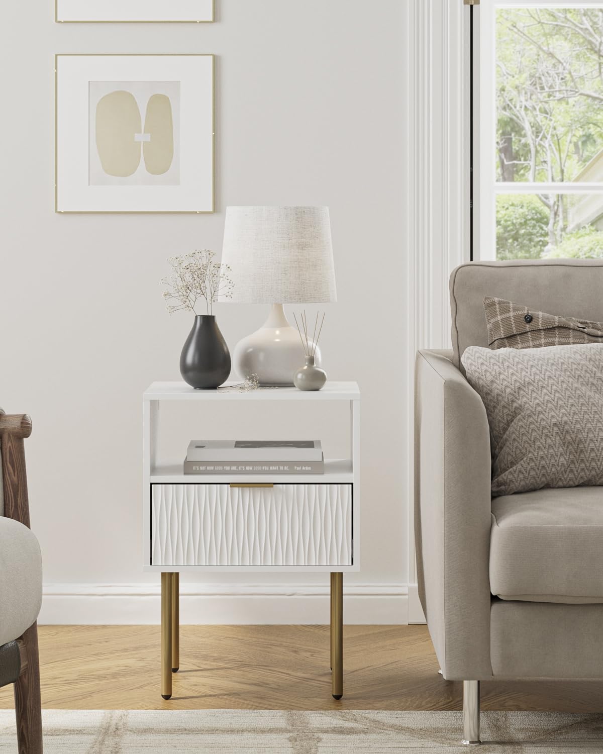 Apetaccat Bedside Table, Fluted Nightstand with Drawer and Open Shelf, Modern Bedside Cabniet Wooden, Side Table for Bedroom, Living Room, White