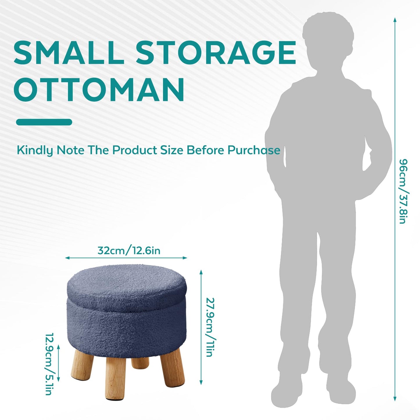 BRIAN & DANY Footstool with Storage, Small Storage Ottoman, Teddy Fleece Round Stool with Lid, Sherpa Foot Stool with Legs for Living Room Entryway