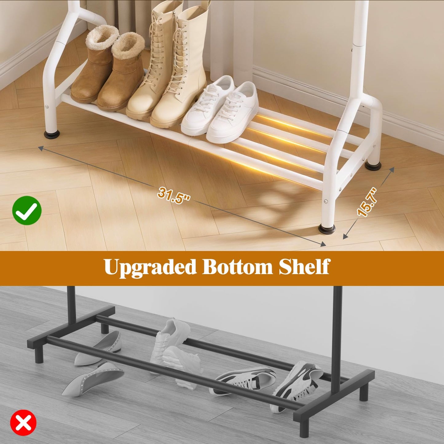 EAGMAK Metal Clothes Rail with Shelf for Hanging Clothes, Sturdy Freestanding Clothes Hanging Rail for Wardrobe & Bedroom Clothing Storage, White