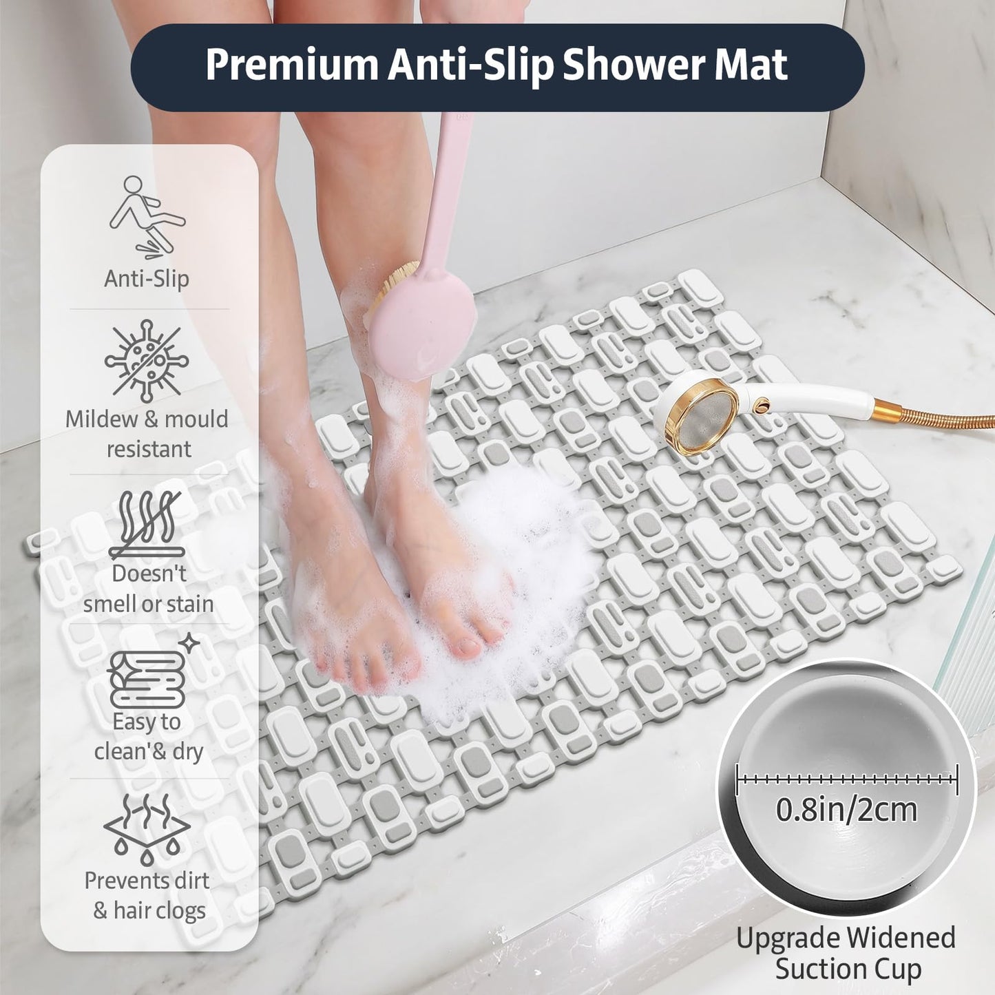 XIYUNTE Soft Shower Mat Non Slip Anti Mould for Elderly - 70x40cm Cut-to-Fit Non Slip Shower Mats for Inside Shower