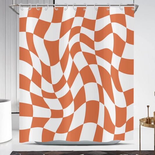Hnmdmyi Orange Groovy Checkerboard Shower Curtain 180x180, 70s Retro Modern Abstract Psychedelic Groovy Wavy Aesthetic Hippie Funky Waterproof