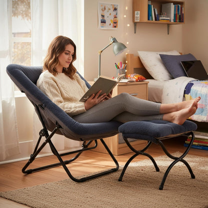 SESHINELL Comfy Saucer Chair with Ottoman, Oversized Foldable Faux Fur Lounge Reading Chair Set with Metal Frame