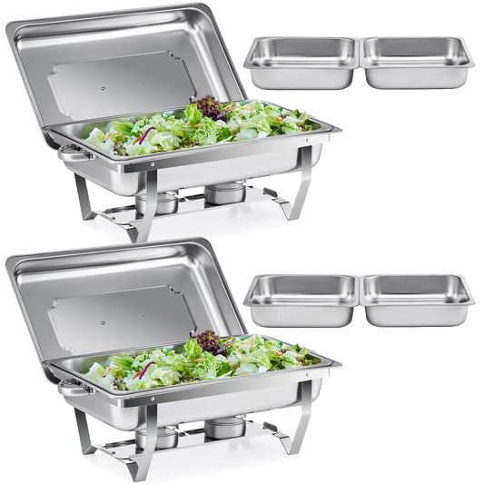 WILPREP Chafing Dish Buffet Set, 2 Pack 9L Chafers for Catering with 2 Full & 4 Half Size Pans Lids Foldable Frames Fuel Holders, Stainless Steel Food