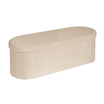 Bonlife Ottoman Storage Bench,Folding Boucle Footstool Oval, End of Bed Stool, Ideal for Living Room, Bedroom, 100L Storage Space,Beige,110x38x38cm