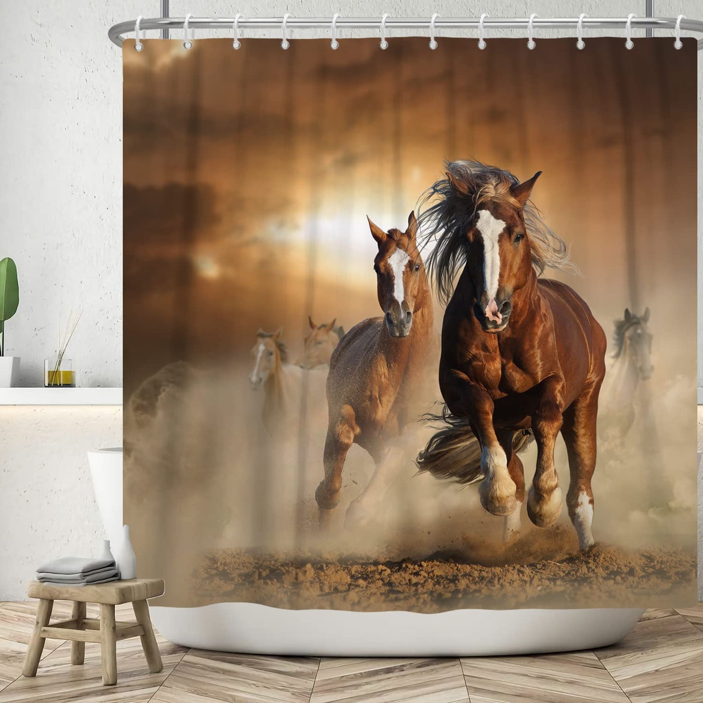 ASDCXZ Horse Shower Curtain 180x200 cm, Vintage Brown A Herd of Horses Running Washable Bath Shower Curtains Polyester Textile Waterproof Shower