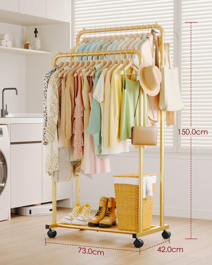 Sakugi Double Rod Clothing Rack Shoe Shelf & Hooks, 73x42x150cm, Gold
