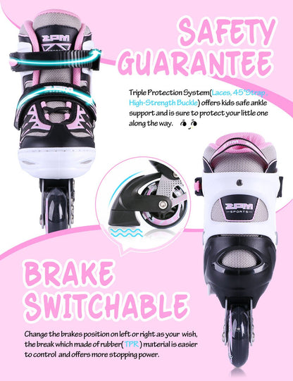 2pm Sports Adjustable Light up Inline Skates, Stylish Design Beginner Roller Skates for Boys and Girls - Pink Small