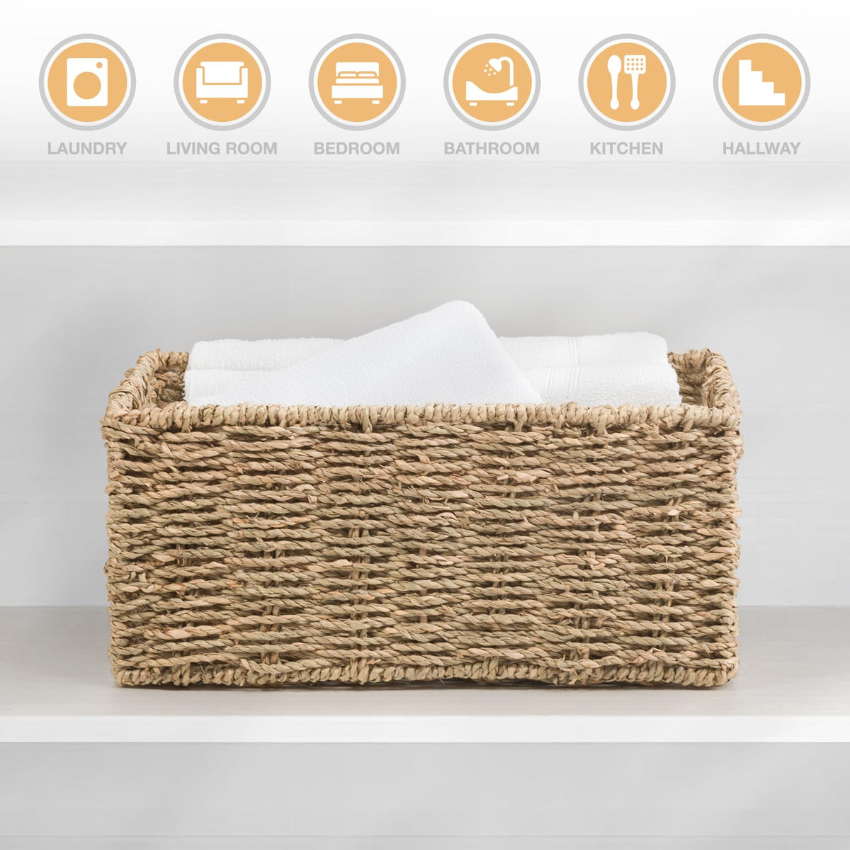 Woodluv Storage Baskets for Shelves, Woven Seagrass Hamper Gift Basket Bathroom, Bedroom, Storage Organiser Toys Shelf Basket, Medium
