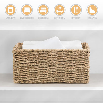 Woodluv Storage Baskets for Shelves, Woven Seagrass Hamper Gift Basket Bathroom, Bedroom, Storage Organiser Toys Shelf Basket, Medium