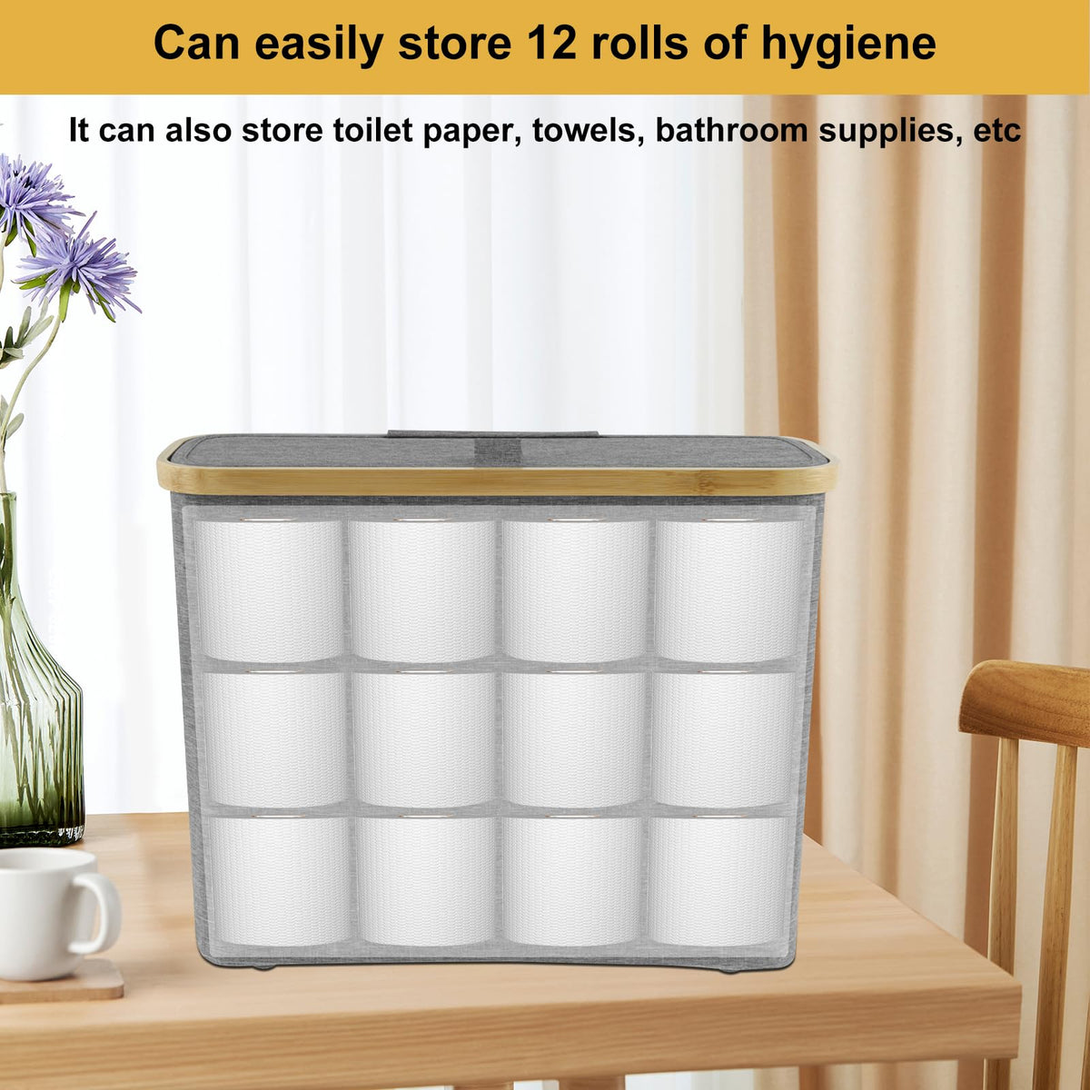 Sutowe Toilet Paper Storage with Side Window Large Toilet Paper Basket Holds up to 12 Roll Paper 45x35x15cm Bathroom Organizer Bin with Lid