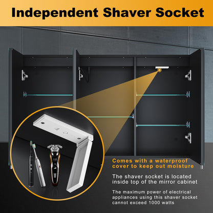 ELEGANT LED Bathroom Cabinet with Shaver Socket Triple Door Wall Mounted Black Bathroom Mirror Cabinets with Three-color Infinitely Dimmable and