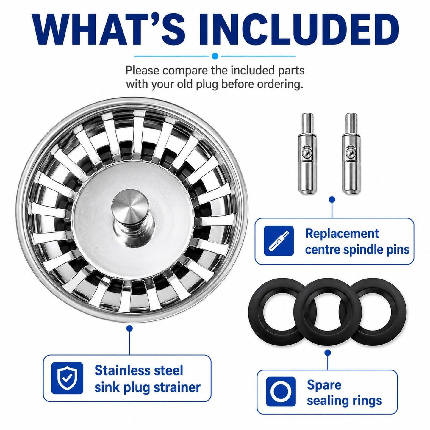 Kitchen Sink Plug Strainer, Stainless Steel Sink Plug Replacement for 82mm Old Plug Size, Food Hair Catcher Drain Stopper, Pop Up Sink Drainer Plug