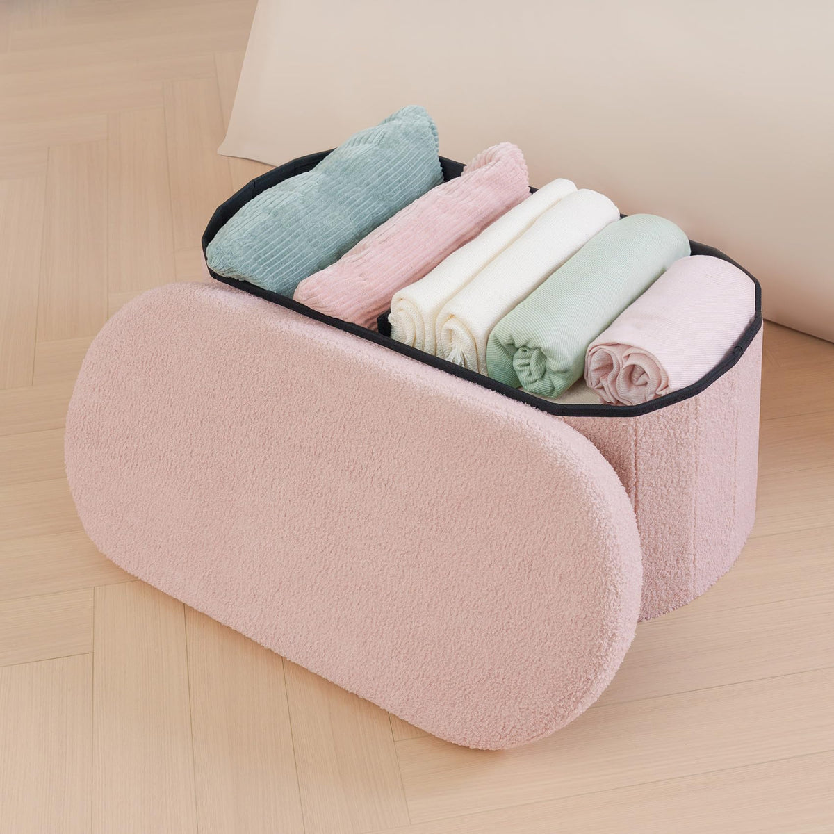 Bonlife Folding Ottoman Storage Bench,Boucle Footstool Oval, End of Bed Stool, Ideal for Living Room, Bedroom,76x38x38cm,Pink