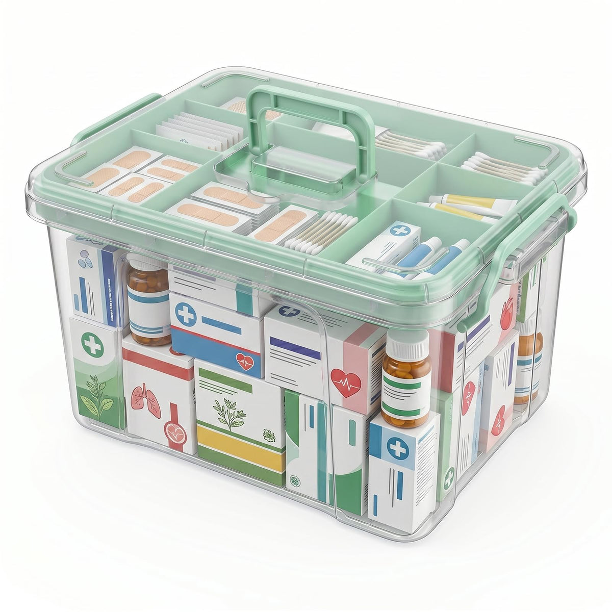 Nymblis Large Medicine Storage Box, 2-Layers Medication Box with Lid, Green