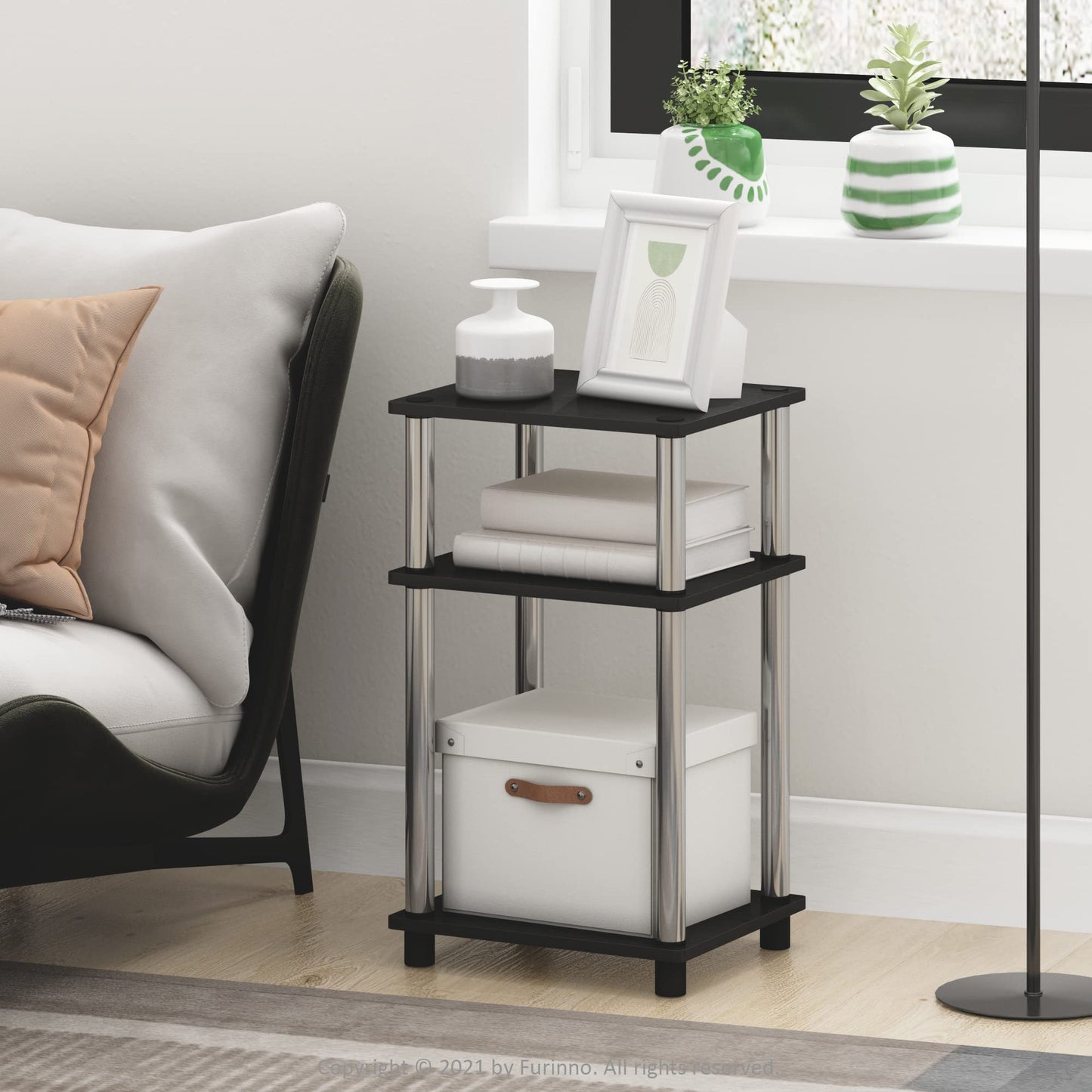 Furinno JUST Side Table Set of 2, 3-Tier End Tables, Open Shelves Night Stand, Nightstand, Toolless Assembly, for Living Room, Bedroom