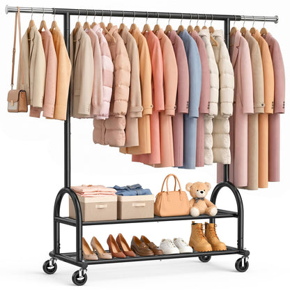 EAGMAK Heavy Duty Clothes Rail Load 252 KG, Rolling clothing Rail with Sturdy Wheels and 2 Shelves, Height Adjustable Metal Coat Racks
