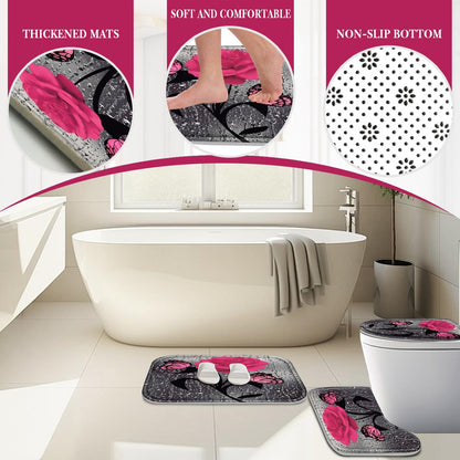 BXFUL 4 Piece Waterproof Shower Curtain Set for Bathroom-Rose-Non-Slip Bath Mat and 12 Hooks,Curtain Set with Rug,Toilet Lid Cover Bathroom