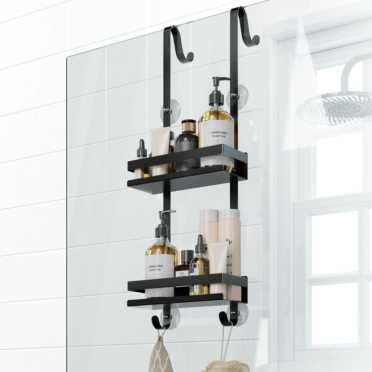 Laimew Shower Caddy Hanging, 2 Tier Shower Storage Over Door, Shower Accessories, Rustproof Shower Organiser Bathroom Storage, No Drilling
