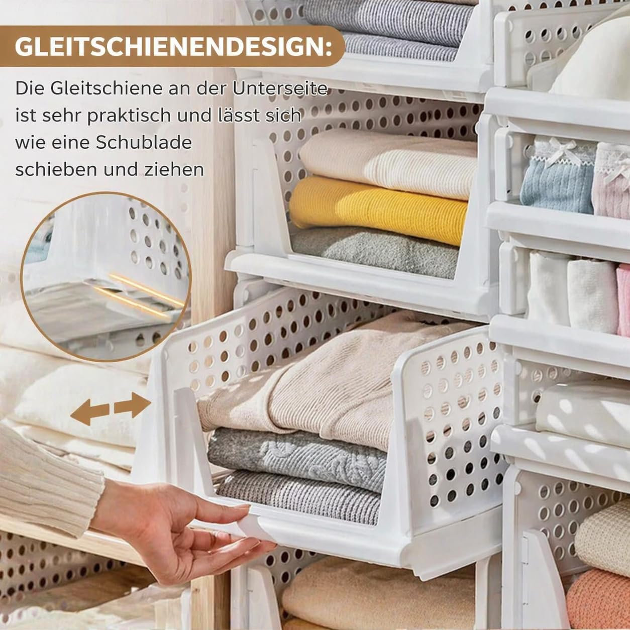 RMAN 4 Pack Wardrobe Storage Organiser Folding Plastic Storage Drawers Stackable Storage Baskets for Bedroom, Office, Kitchen, Bathroom-White