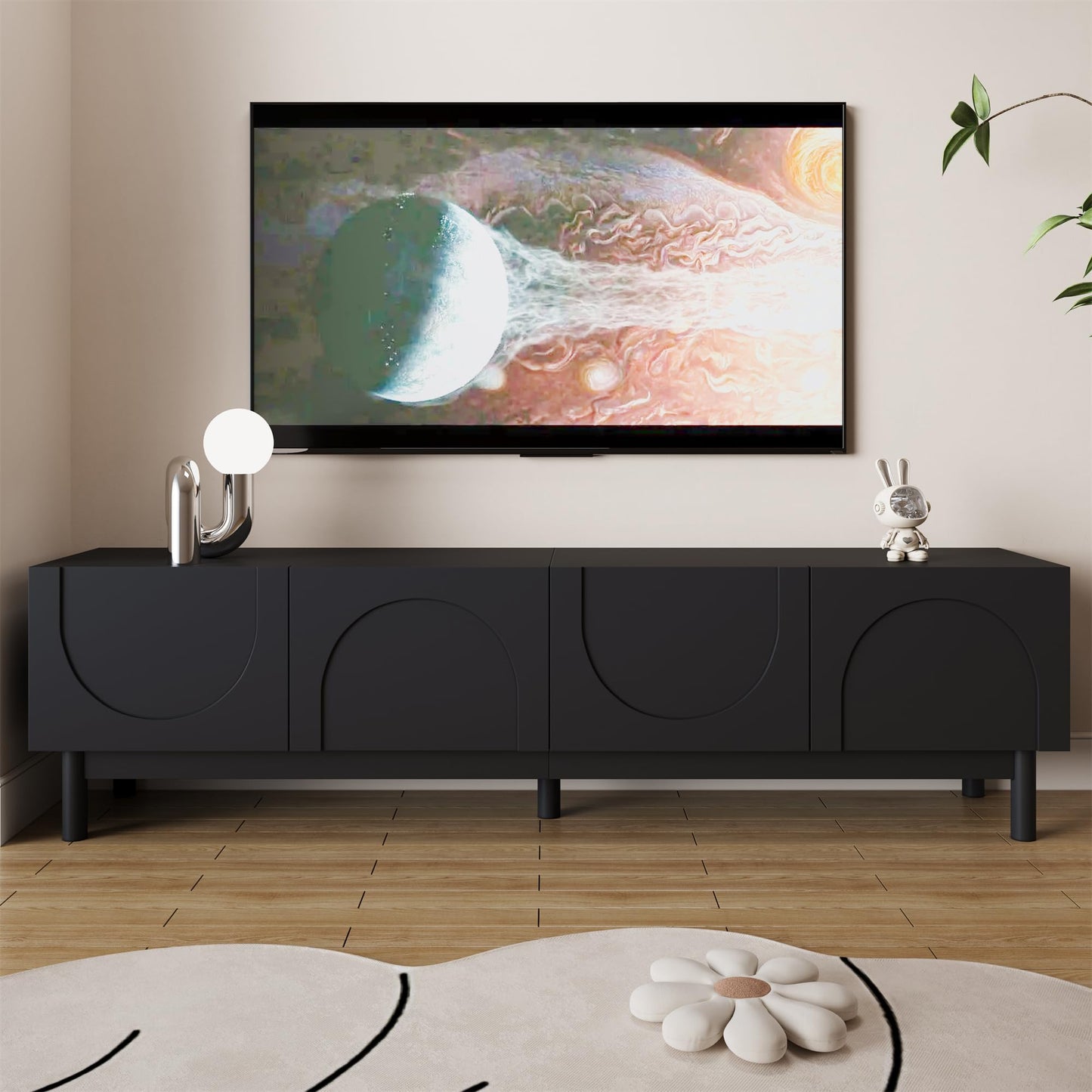 Ball & Cast TV Stand Cabinet, Black TV Unit Storage Cabinet with 4 Doors, Curved, Wave-Shaped Doors Design, Stabilizing Legs, 169 x 34 x 45.5 cm
