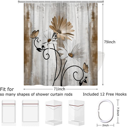 Hnmdmyi Farmhouse Floral Shower Curtain 180x200, Rustic Brown Daisy Flowers and Butterfly on Country Wooden Board Bathroom Curtains Waterproof