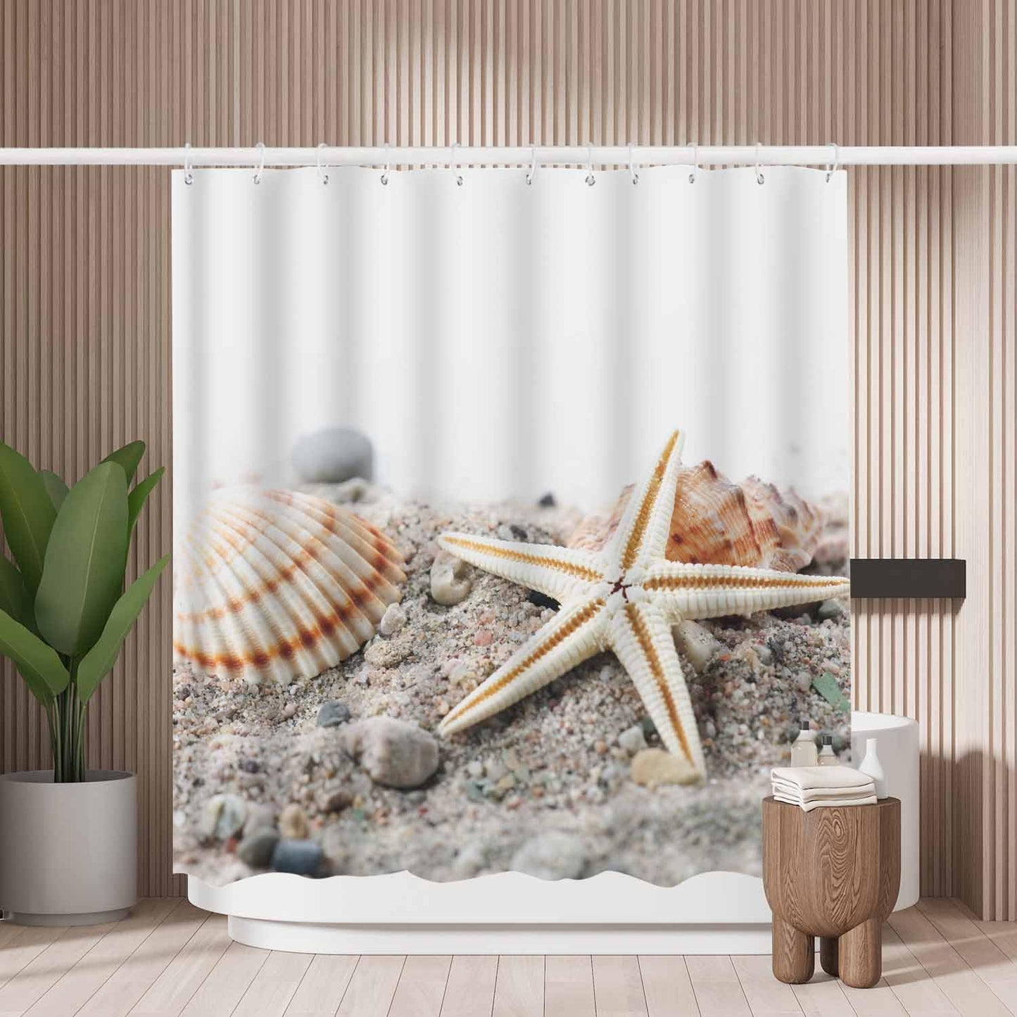 Woutay Shower Curtain Mould Proof Resistant Starfish Shell Beach,Water Repellant Fabric,Polyester,with 12 Plastic Hooks