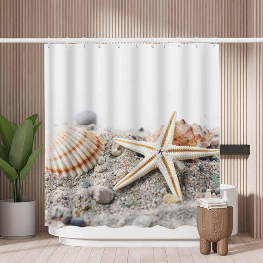 Woutay Shower Curtain Mould Proof Resistant Starfish Shell Beach,Water Repellant Fabric,Polyester,with 12 Plastic Hooks