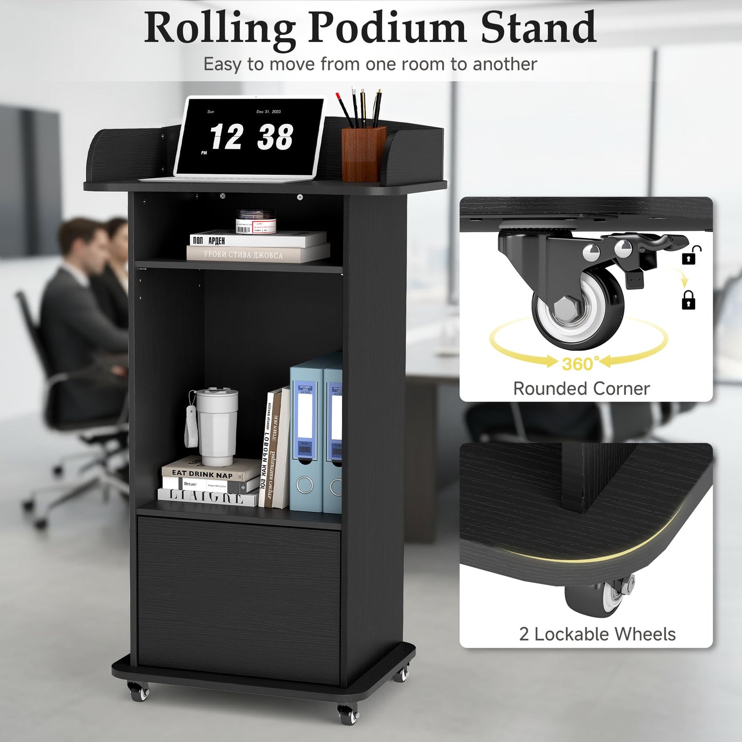 Suuiwau Portable Podium Stand with Adjustable Shelf & Lockable Wheels