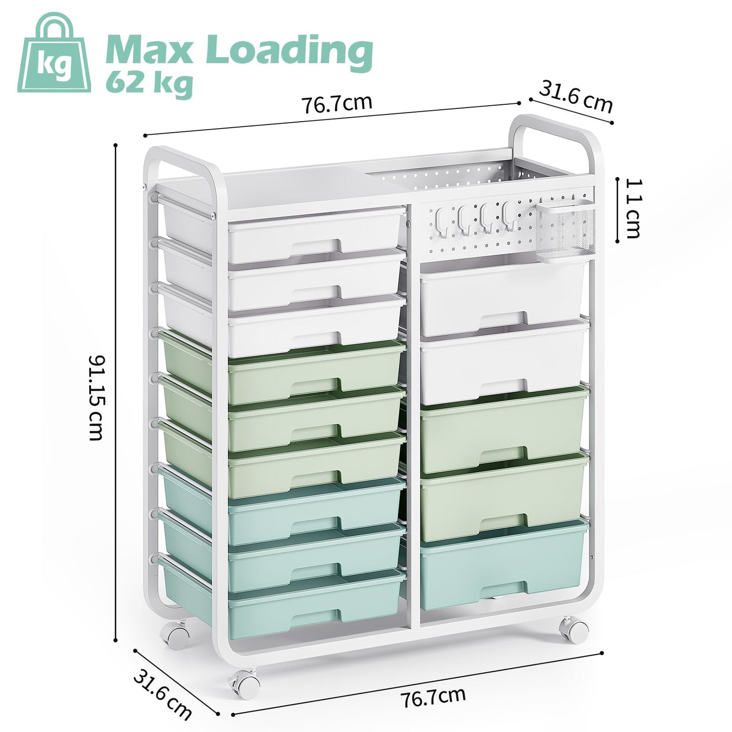 Rolling Storage Cart with 14 Drawers, Storage Organizer Cart with Tabletop and Pegboard,Utility Cart for Living Room, Classroom