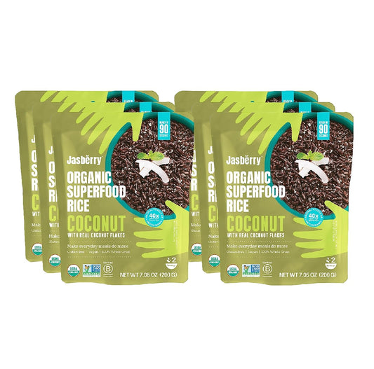 Jasberry Organic Coconut Rice ? Ready to Eat Black Rice with Real Coconut Flakes | 6?200g Microwave Pouches | Vegan, Gluten-Free, Wholegrain | Quick