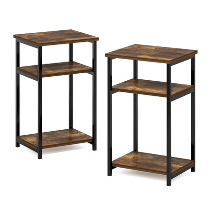 Furinno JUST Side Table Set of 2, 3-Tier Metal Frame End Table with Open Shelf, Night Stand, Bedside Table, for Living Room, Bedroom, Amber Pine