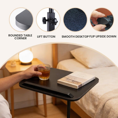 Vixtte 360° Rotating Coffee Table with Slots, Adjustable Height C-Shaped Side Table, Multi-Functional Sofa Side Table/Bed Table (Black)