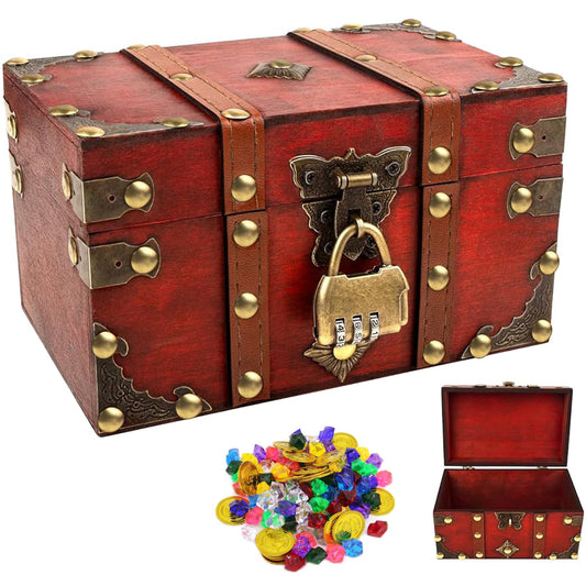 18*11.5*10.5cm Vintage Wooden Treasure Chest, Pirate Antique Style Storage Box with Password Padlock, Jewelry Organizer for Keepsakes,Trinket,