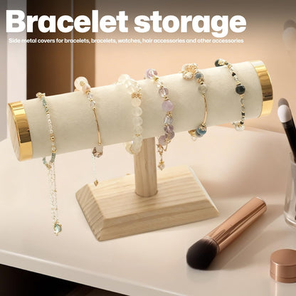 RFYTDCF T-Bar Bracelet Holder Stand, Beige Bracelet Stand Display Organizer Storage for Women Jewelry Accessories Scrunchie Head Ties (Gold Metal Lid)