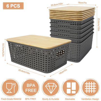 UHAPEER 6 Pack Stackable Plastic Storage Baskets with Bamboo Lid