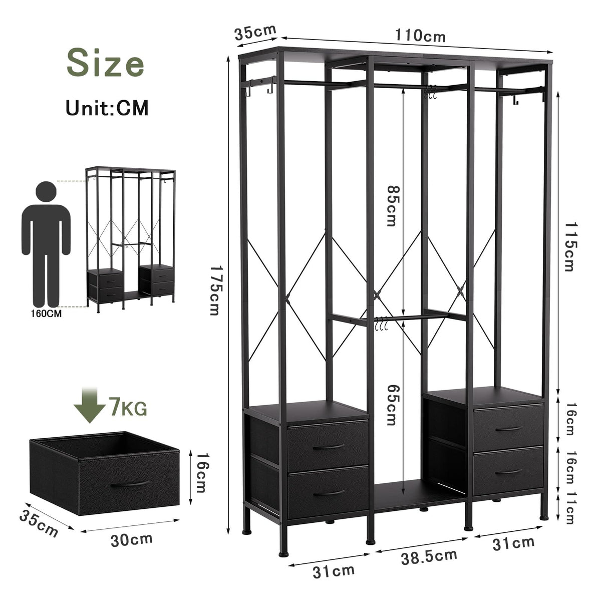 Mintnook Heavy Duty Clothing Rail，Wardrobe with 4 Drawers，Black