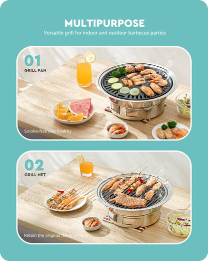 Charcoal Grill Korean Barbecue Grill Portable Stainless Steel Non-stick Charcoal Stove for Outdoor Camping BBQ Grill 13.7 inches Small Grill Outdoor