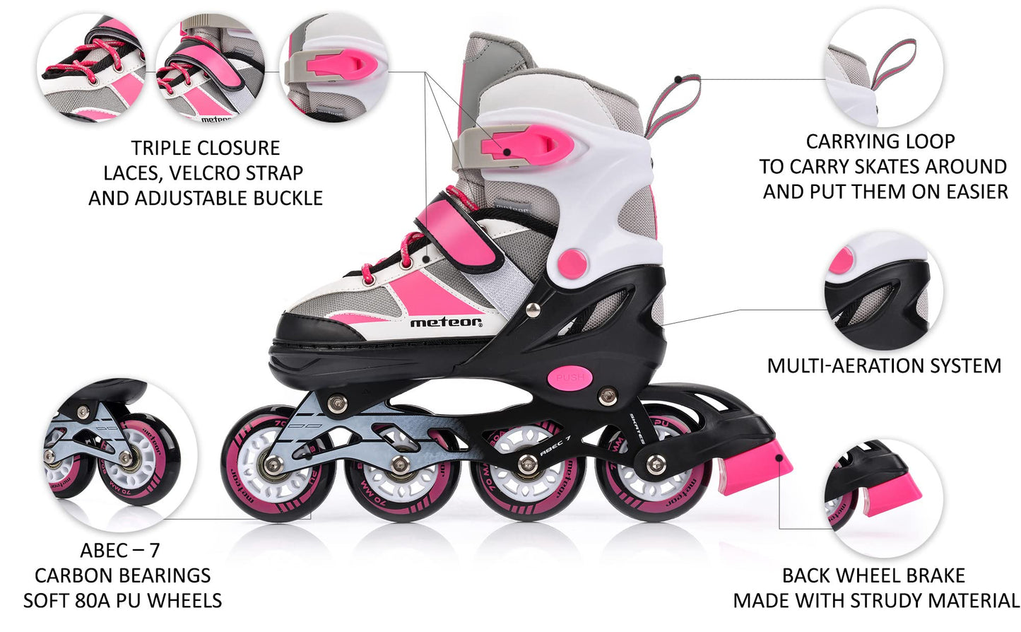 Inline Skates Children's Kids Inliners Roller Skates Roller Blades ABEC 7 Carbon Children's Inline Skates Adjustable Shoe Size (Pink/Grey, M 34-37)