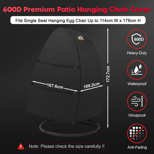 Zettum 167 x 114 x 173 cm Outdoor Egg Chair Cover Waterproof, 600D PU Coating Patio Double Cocoon Chair Cover Waterproof with Zipper Garden Hanging