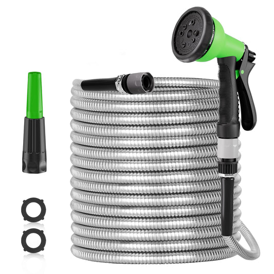 SPECILITE 50ft 304 Stainless Steel Garden Hose, Heavy Duty Flexible Metal Water Pipe with 2 Nozzles for Yard, Outdoor,No Kink and Tangle,Puncture