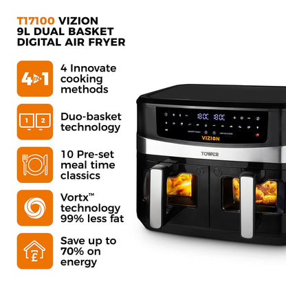 Tower, T17100, Vortx Vizion 9L Dual Basket Air Fryer with Digital control panel & 10 One-touch Pre-sets, Black