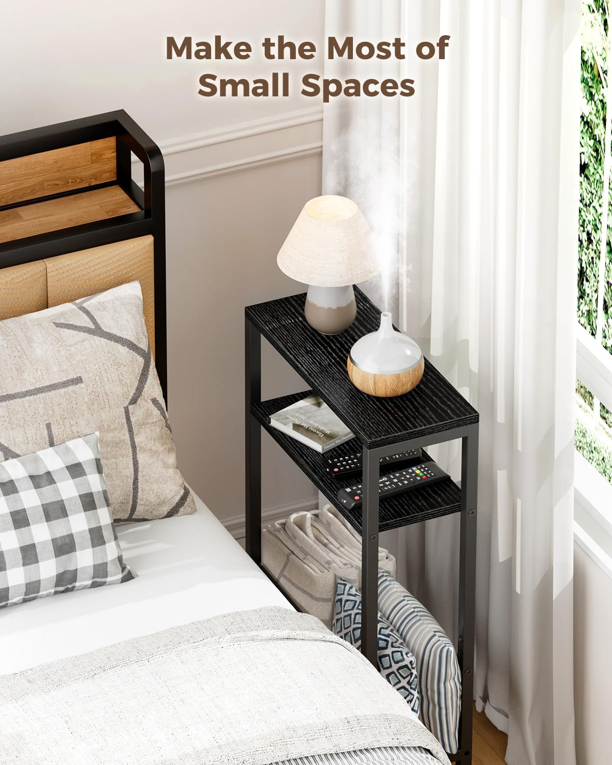 Yuede Narrow Side Table with Magazine Rack, 3-tier Slim Bedside Table, Small End Table for Living Room, Bedroom, MDF & Metal Frame (Black)