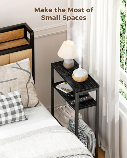 Yuede Narrow Side Table with Magazine Rack, 3-tier Slim Bedside Table, Small End Table for Living Room, Bedroom, MDF & Metal Frame (Black)