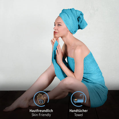 Komfortec Set of 8 100% Cotton Towels 470 g/m², 4 Bath Towels 70 x 140 cm and 4 Hand Towels 50 x 100 cm, Soft Terry Towelling, Large Size, Turquoise