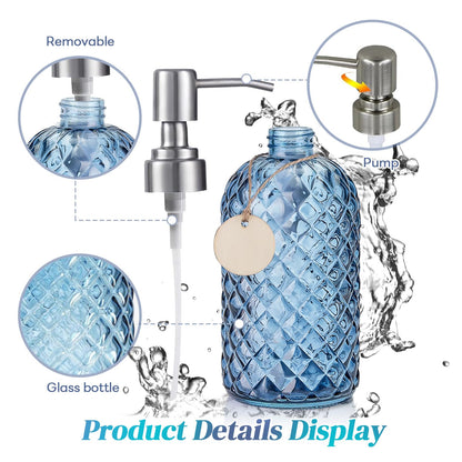 Topsky Glass Soap Dispenser with Silver Metal Pump 400ml Blue