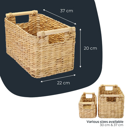 HMF Storage basket woven from water hyacinth, decorative basket with wooden handles for storage in the bathroom, living room, kitchen