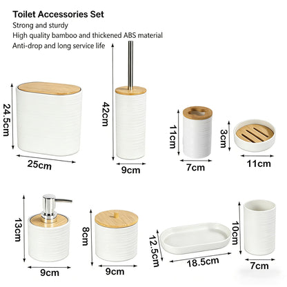 JETAINE Bathroom Accessories Set 8 Pieces, Bamboo Bathroom set Accessory, Luxury Toilet Accessories set w/Trash Can, Toilet Brush, Soap Dispenser