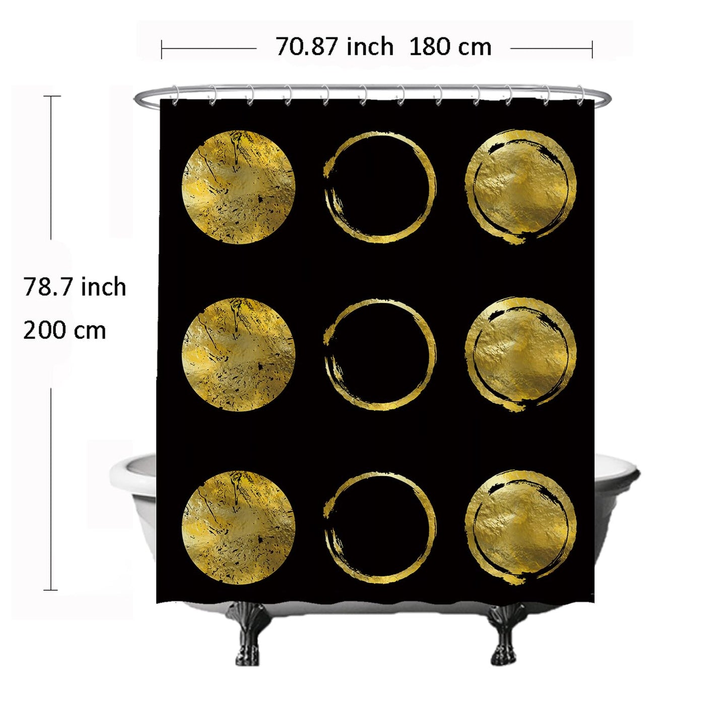 Ulticool Shower Curtain - Golden Circles Sun Moon Chic - 180 x 200 cm - Washable - Anti Mould - with 12 Rings - Gold Black