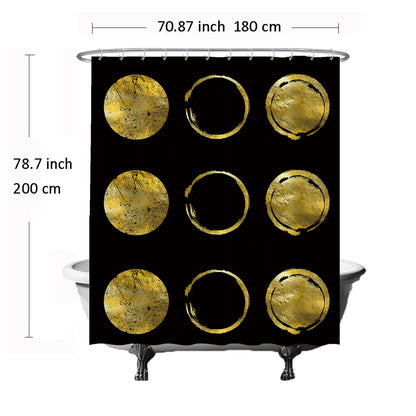 Ulticool Shower Curtain - Golden Circles Sun Moon Chic - 180 x 200 cm - Washable - Anti Mould - with 12 Rings - Gold Black