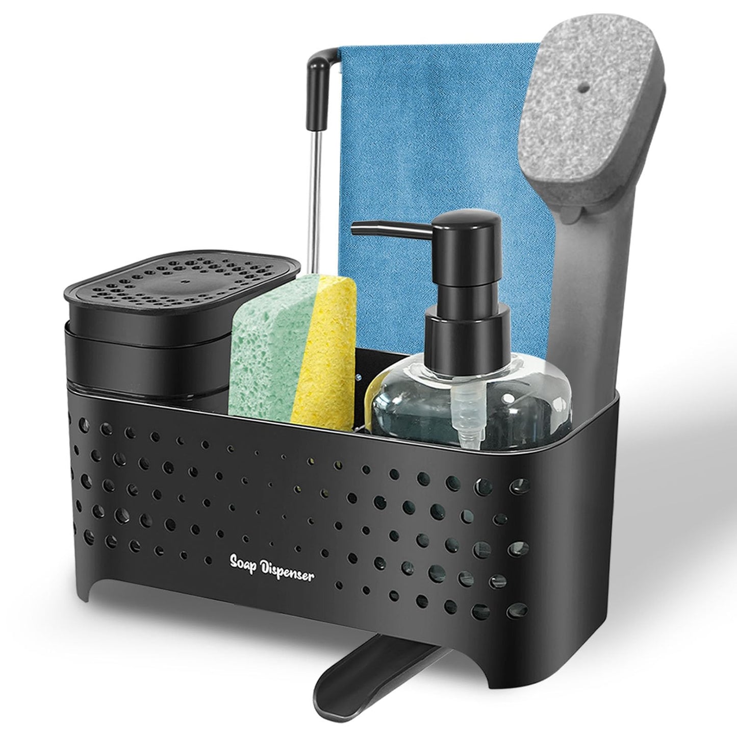 Dual Soap Dispenser Set for Kitchen Sink - 5-in-1 Organizer with Hand & Dish Soap Dispensers, Brush & Sponge Holder, Dishcloth Rail | Space-Saving